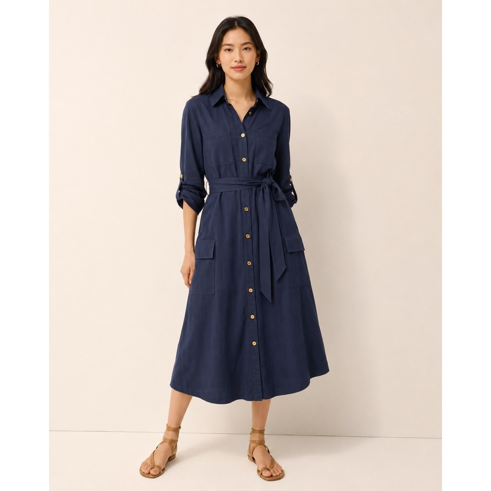 Michael Kors Navy Button-Front Shirt Dress with Waist Tie